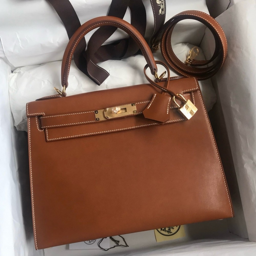 Hermes Kelly Sellier 28 Handmade Bag In Gold Barenia Calfskin LDBS242716