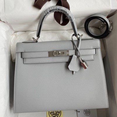 Hermes Kelly Sellier 28 Handmade Bag In Gris Mouette Epsom Calfskin LDBS242718