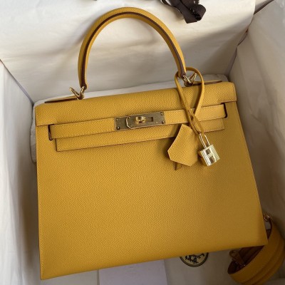 Hermes Kelly Sellier 28 Handmade Bag In Jaune Ambre Epsom Calfskin LDBS242719