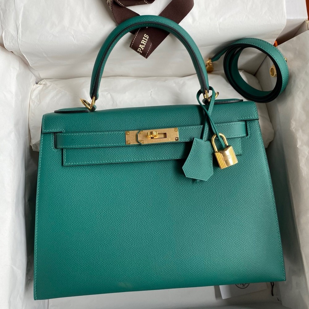 Hermes Kelly Sellier 32 Handmade Bag in Malachite Epsom Calfskin LDBS242730