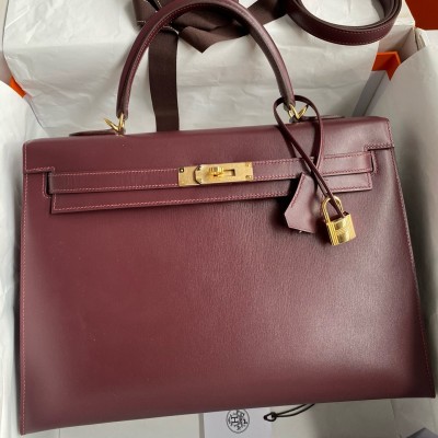 Hermes Kelly Sellier 35 Handmade Bag In Bordeaux Box Calfskin LDBS242734