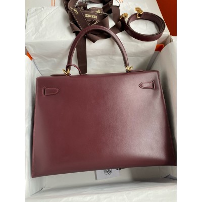 Hermes Kelly Sellier 35 Handmade Bag In Bordeaux Box Calfskin LDBS242734