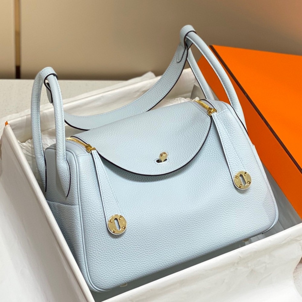 Hermes Lindy 26cm Bag In Blue Brume Clemence Leather GHW LDBS242751