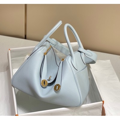 Hermes Lindy 26cm Bag In Blue Brume Clemence Leather GHW LDBS242751