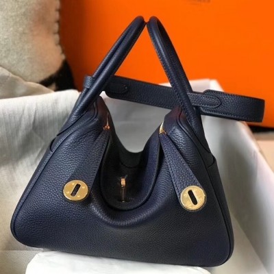 Hermes Lindy 26cm Bag In Navy Blue Clemence With GHW LDBS242761