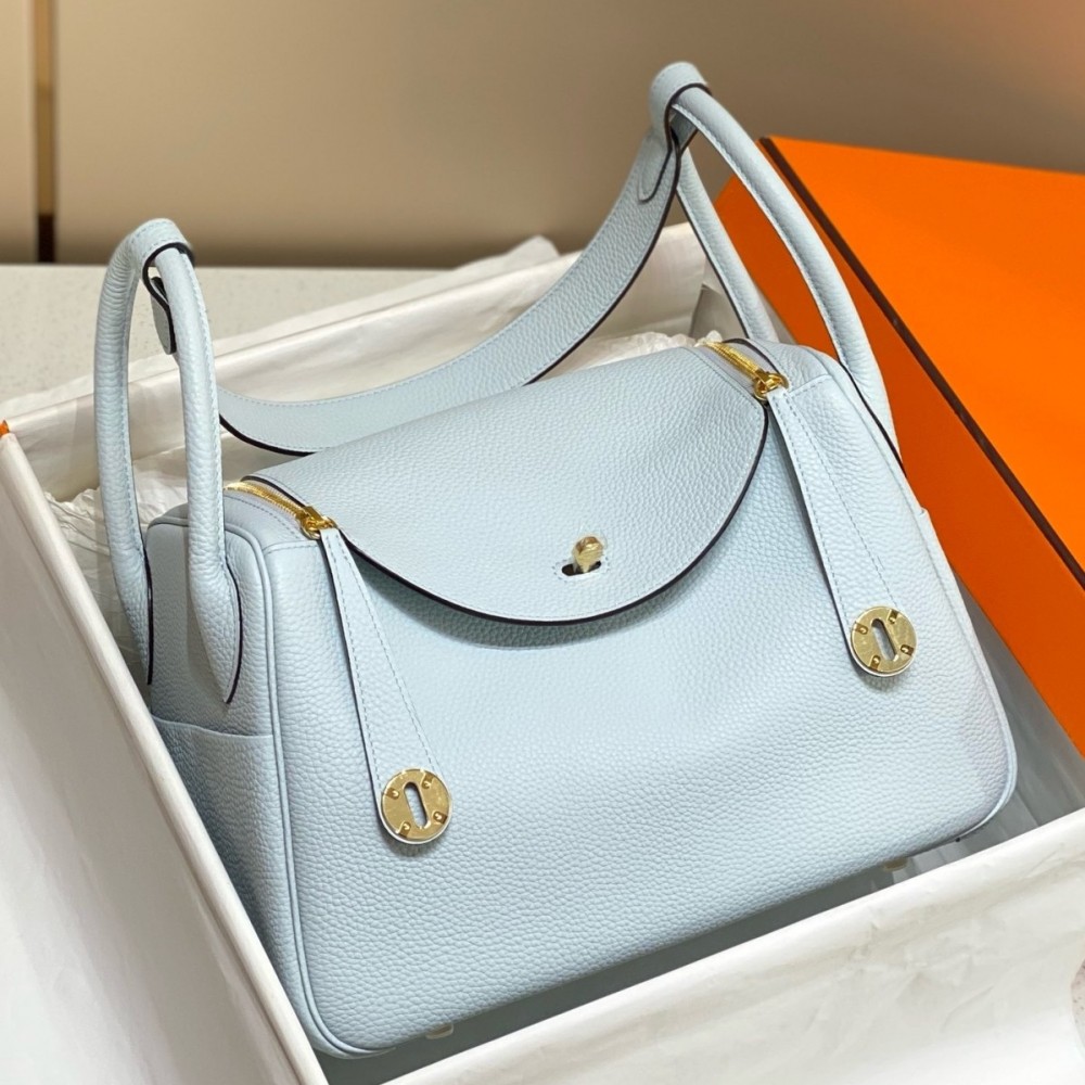 Hermes Lindy 30cm Bag In Blue Brume Clemence Leather GHW LDBS242810