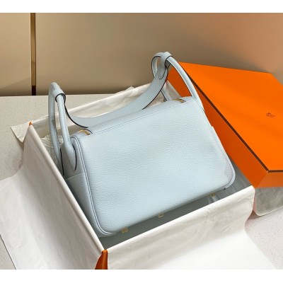 Hermes Lindy 30cm Bag In Blue Brume Clemence Leather GHW LDBS242810