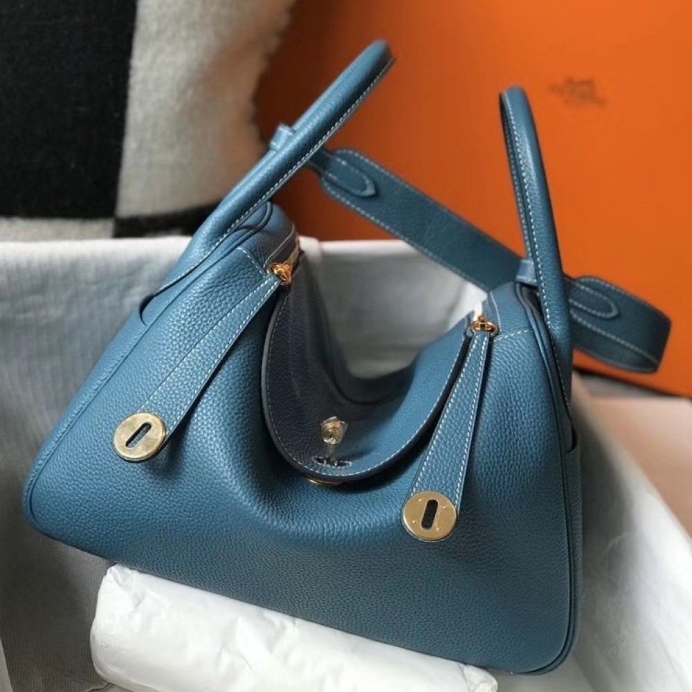 Hermes Lindy 30cm Bag In Blue Jean Clemence Leather LDBS242812