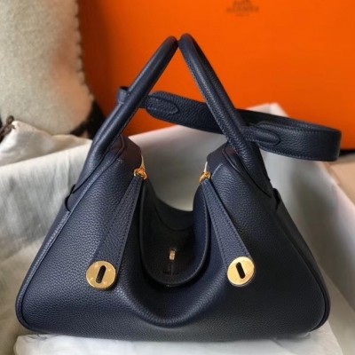 Hermes Lindy 30cm Bag In Navy Blue Clemence Leather LDBS242819