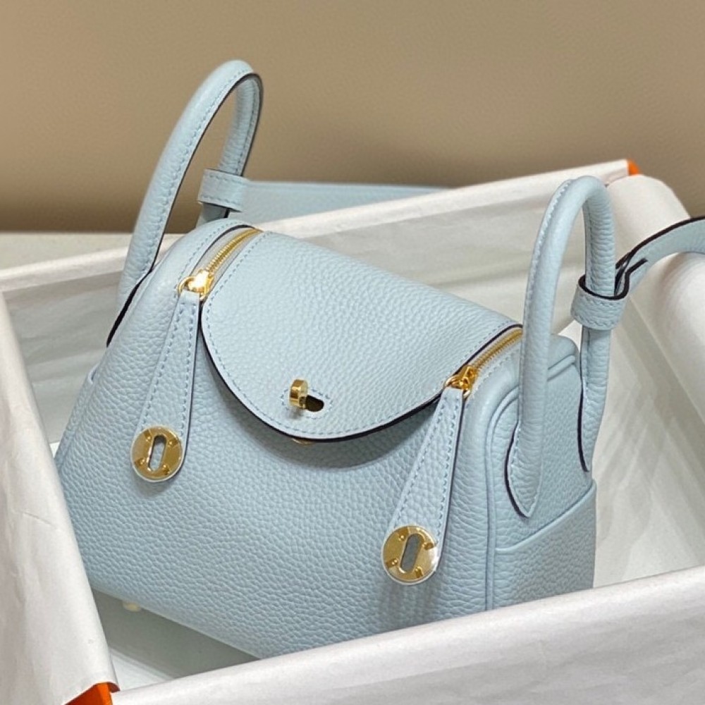 Hermes Lindy Mini Bag In Blue Brume Clemence Leather GHW LDBS242824