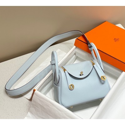 Hermes Lindy Mini Bag In Blue Brume Clemence Leather GHW LDBS242824