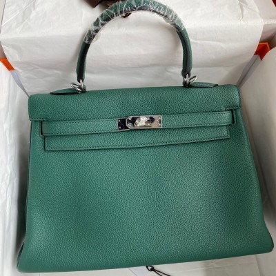 Hermes Malachite Clemence Kelly Retourne 32cm Handmade Bag LDBS242841