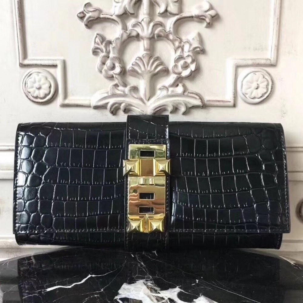 Hermes Medor Clutch Bag In Black Crocodile Leather LDBS242884