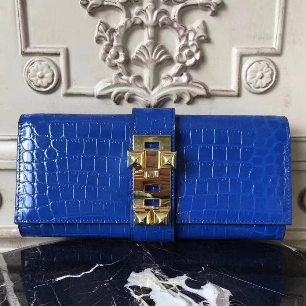 Hermes Medor Clutch Bag In Blue Crocodile Leather LDBS242885