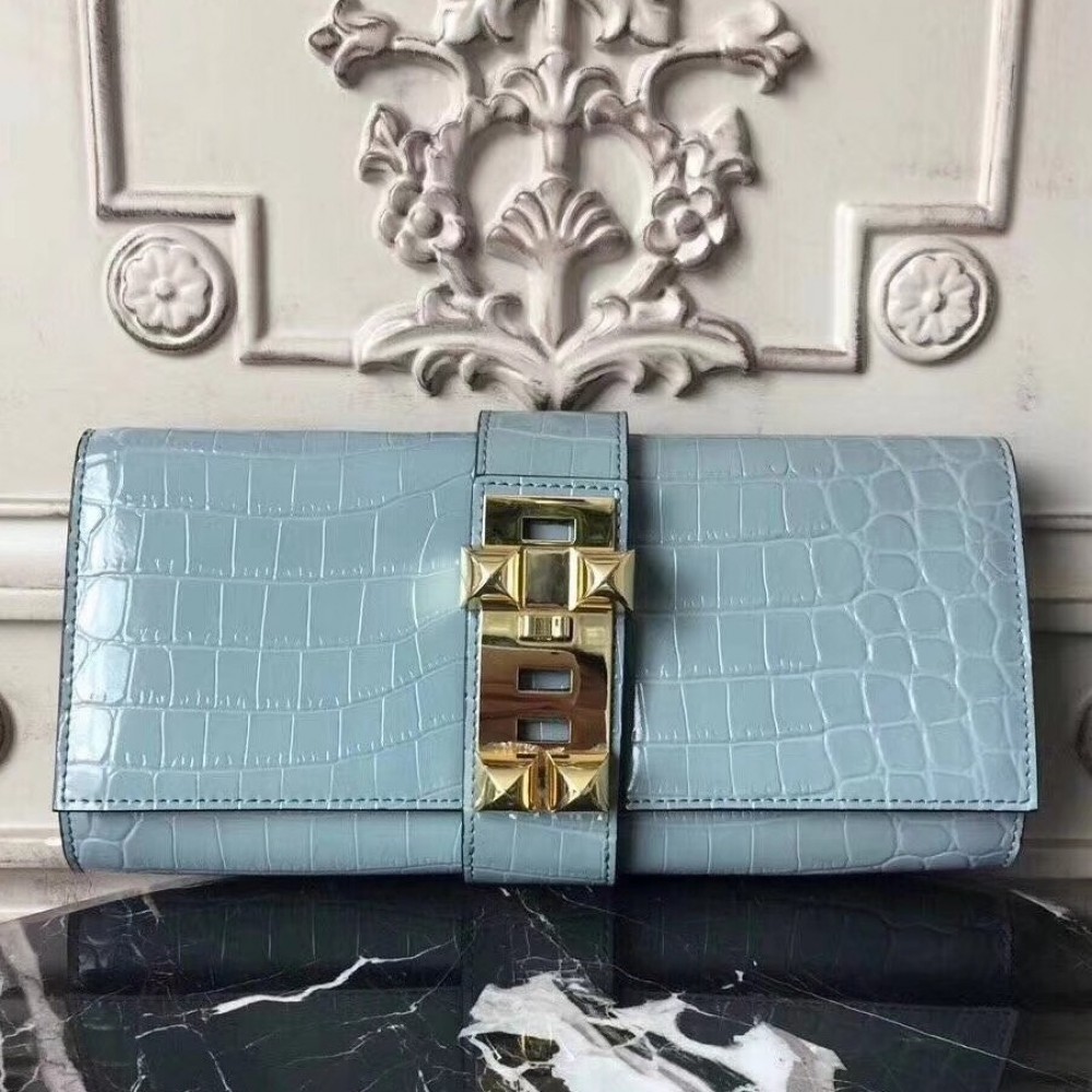 Hermes Medor Clutch Bag In Ciel Crocodile Leather LDBS242888