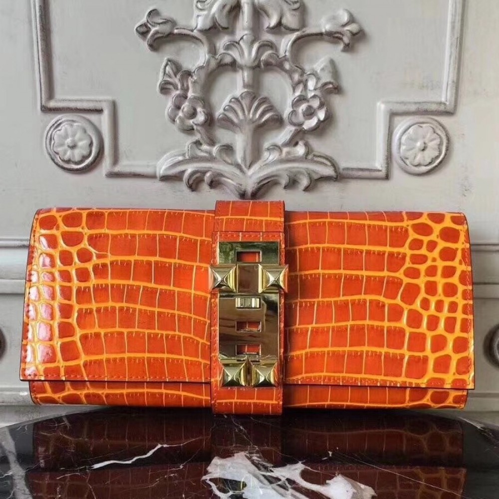 Hermes Medor Clutch Bag In Orange Crocodile Leather LDBS242890