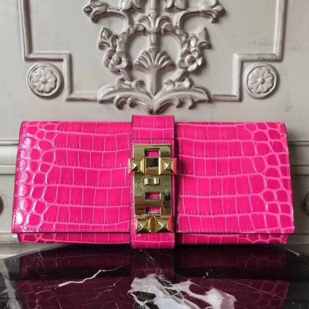 Hermes Medor Clutch Bag In Rose Red Crocodile Leather LDBS242893