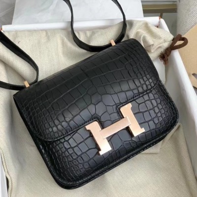 Hermes Mini Constance 18cm Bag In Black Alligator Crocodile Skin LDBS242895