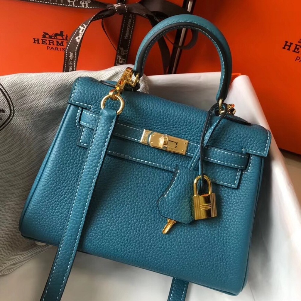 Hermes Mini Kelly 20cm Bag In Blue Jean Clemence Leather LDBS242921