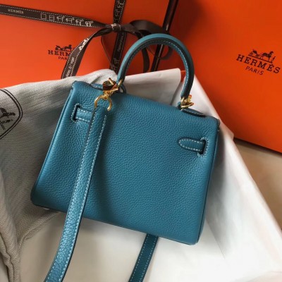 Hermes Mini Kelly 20cm Bag In Blue Jean Clemence Leather LDBS242921