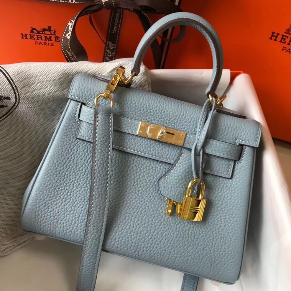 Hermes Mini Kelly 20cm Bag In Blue Lin Clemence Leather LDBS242922