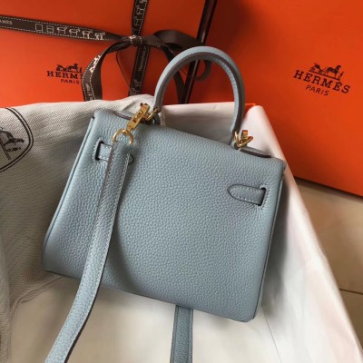 Hermes Mini Kelly 20cm Bag In Blue Lin Clemence Leather LDBS242922