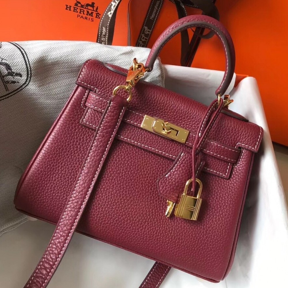 Hermes Mini Kelly 20cm Bag In Bordeaux Clemence Leather LDBS242923