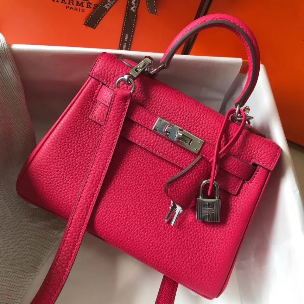 Hermes Mini Kelly 20cm Bag In Rose Red Clemence Leather LDBS242932