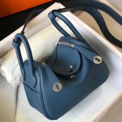 Hermes Mini Lindy Bag In Blue Agate Clemence Leather LDBS242936