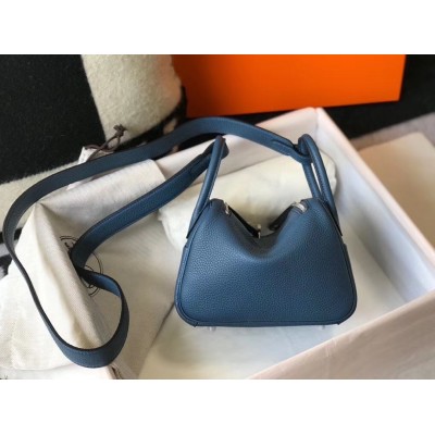 Hermes Mini Lindy Bag In Blue Agate Clemence Leather LDBS242936