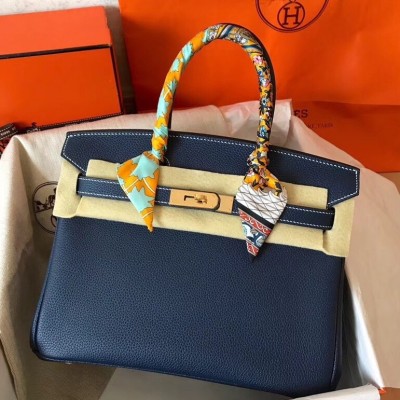 Hermes Navy Blue Birkin 30cm Clemence Handmade Bag LDBS242973