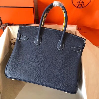 Hermes Navy Blue Birkin 30cm Clemence Handmade Bag LDBS242973