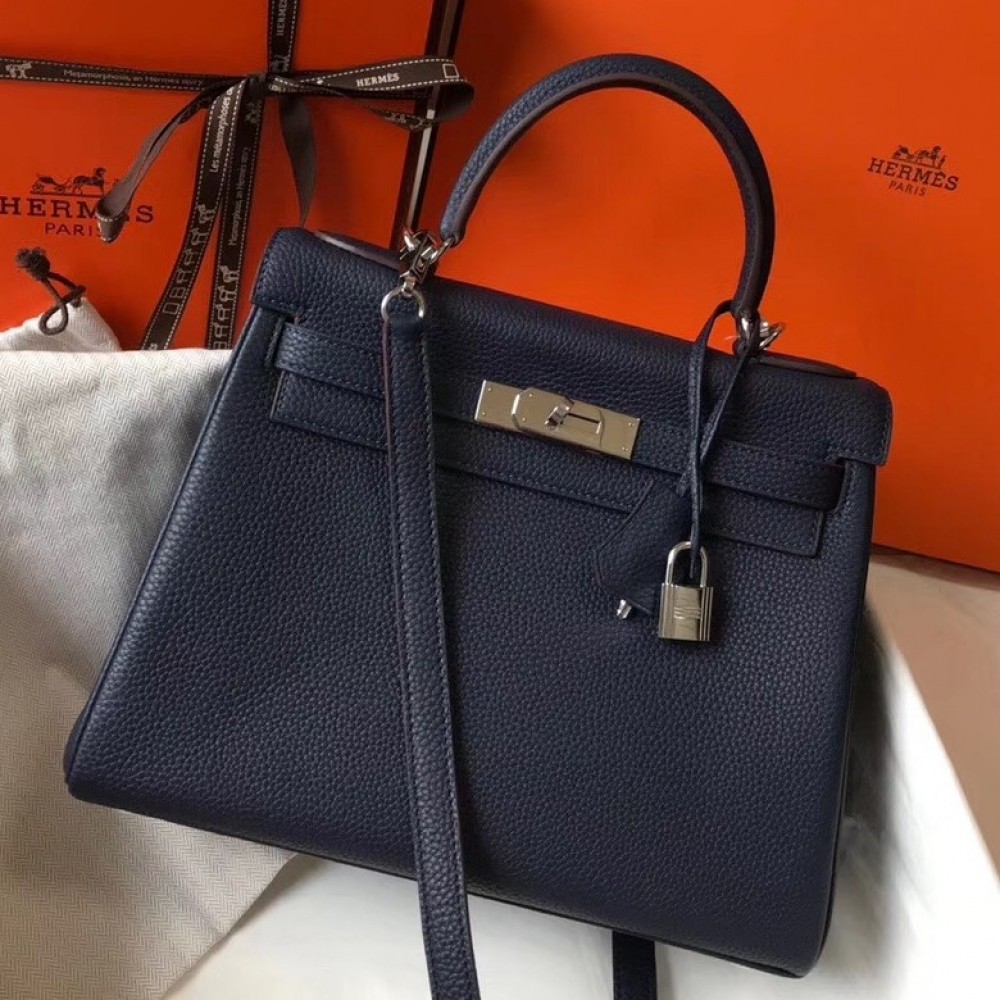 Hermes Navy Blue Clemence Kelly 28cm Bag LDBS242976