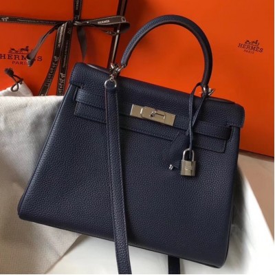 Hermes Navy Blue Clemence Kelly 28cm Bag LDBS242976