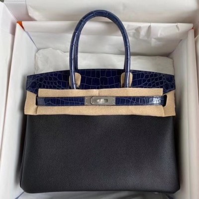 Hermes Noir Touch Birkin 30cm Bag Shiny Niloticus Crocodile Skin LDBS242987