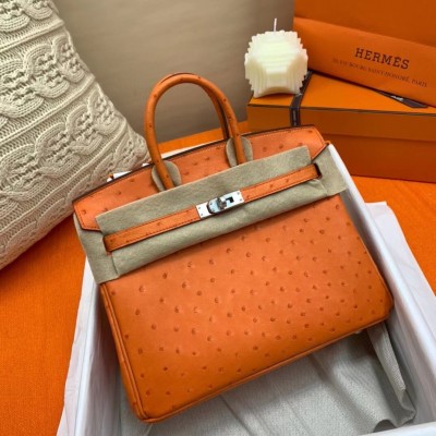 Hermes Orange Birkin 25cm Ostrich Handmade Bag LDBS242992