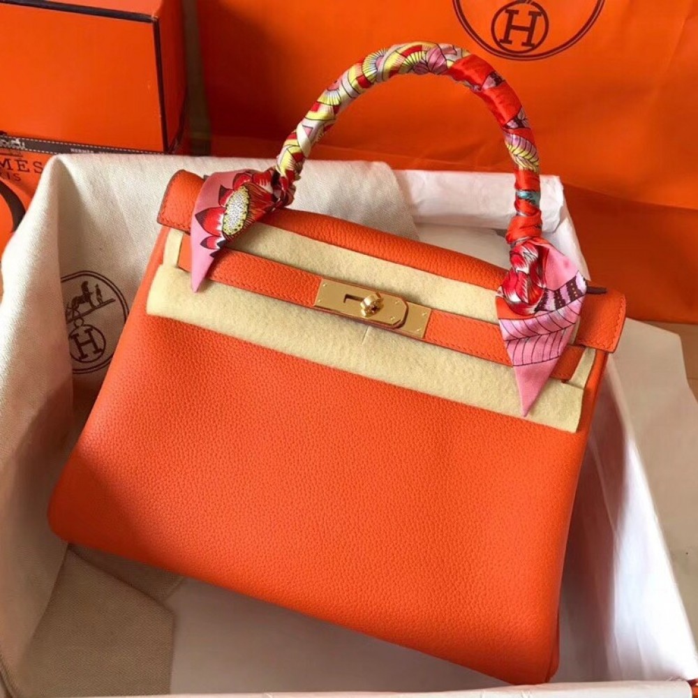 Hermes Orange Clemence Kelly 28cm Handmade Bag LDBS243006