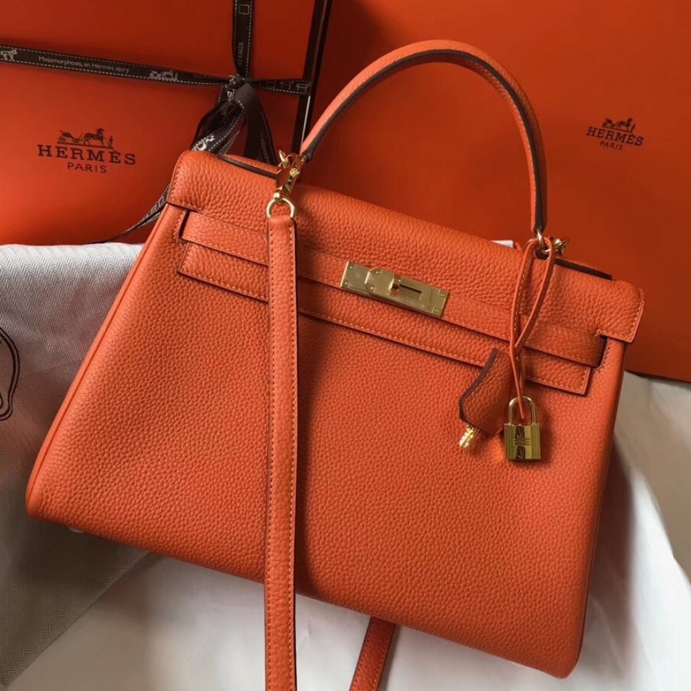 Hermes Orange Clemence Kelly 32cm Retourne Bag LDBS243007