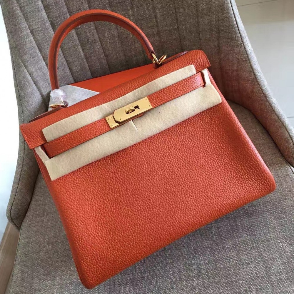 Hermes Orange Clemence Kelly Retourne 32cm Handmade Bag LDBS243008