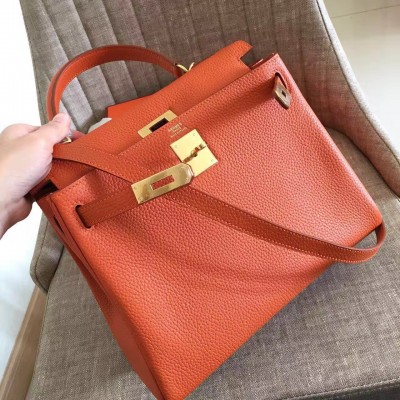 Hermes Orange Clemence Kelly Retourne 32cm Handmade Bag LDBS243008