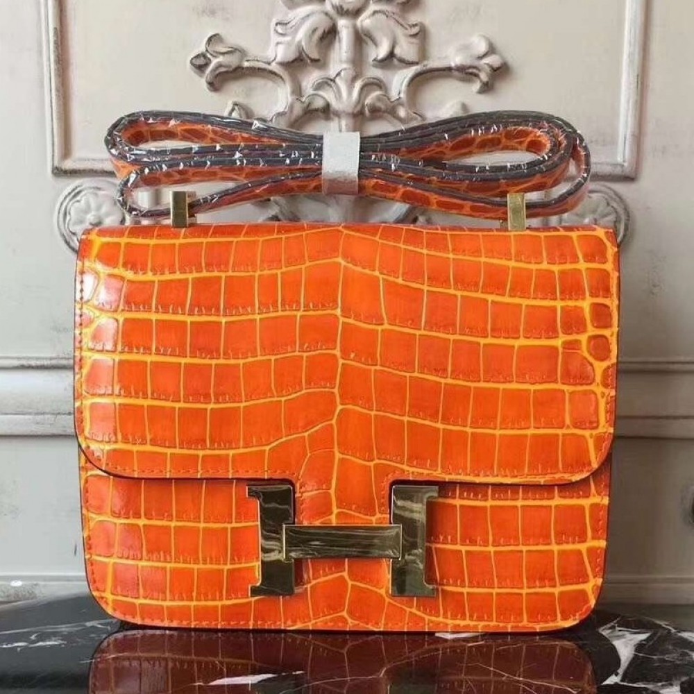 Hermes Orange Constance MM 24cm Crocodile Bag LDBS243009