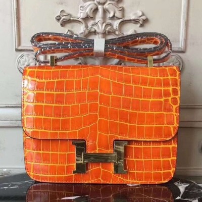 Hermes Orange Constance MM 24cm Crocodile Bag LDBS243009