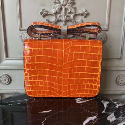 Hermes Orange Constance MM 24cm Crocodile Bag LDBS243009