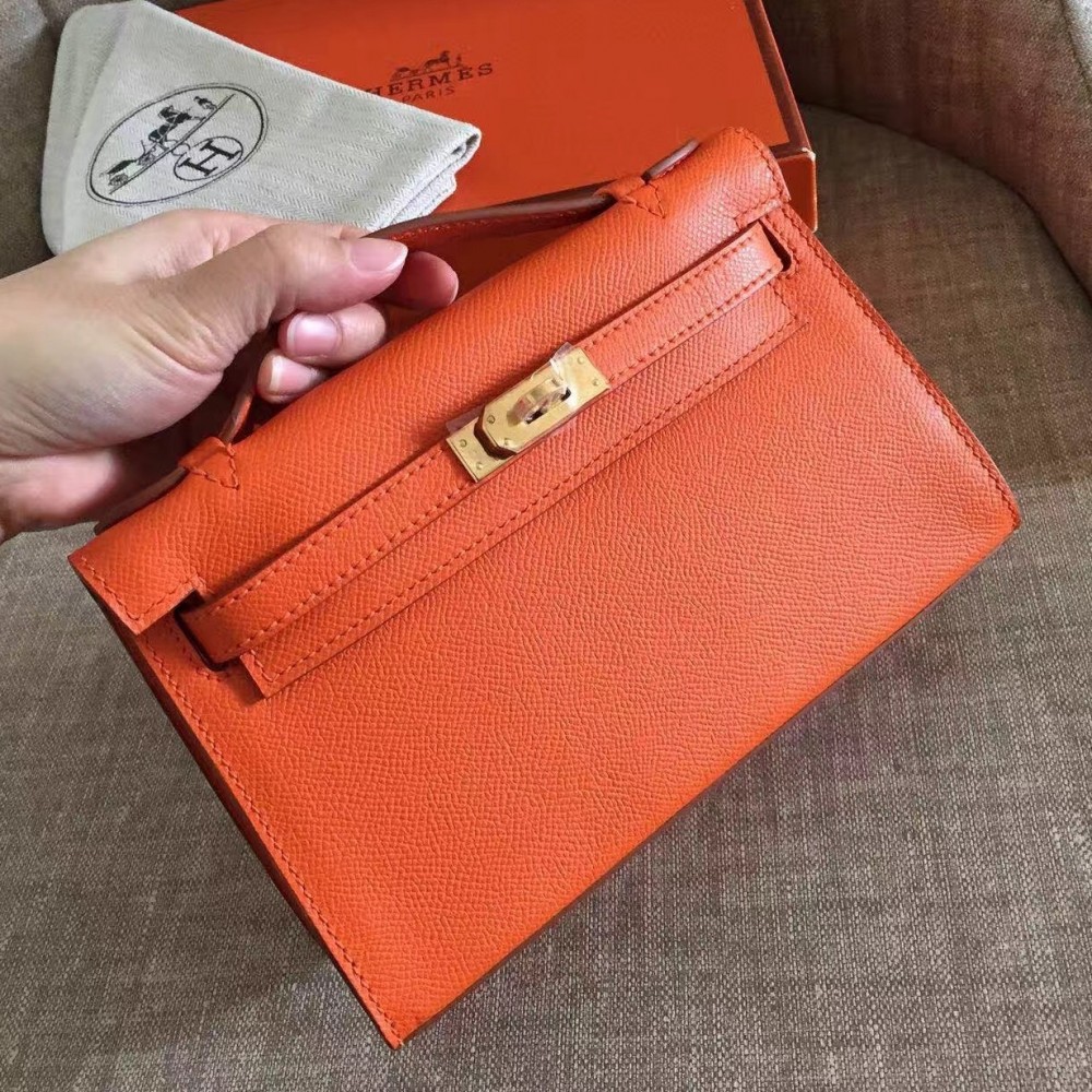 Hermes Orange Kelly Pochette Epsom Handmade Bag LDBS243020