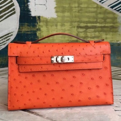 Hermes Orange Kelly Pochette Ostrich Handmade Bag LDBS243021