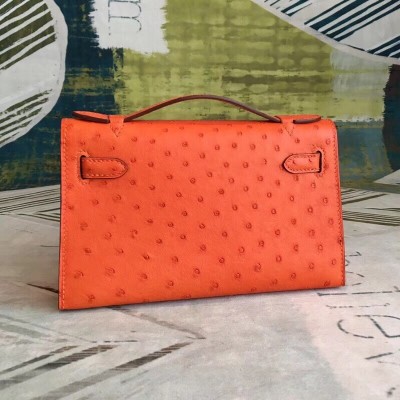 Hermes Orange Kelly Pochette Ostrich Handmade Bag LDBS243021