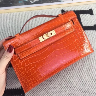 Hermes Orange Kelly Pochette Shiny Niloticus Crocodile Bag LDBS243022