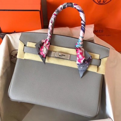 Hermes Pearl Grey Birkin 30cm Clemence Handmade Bag LDBS243031