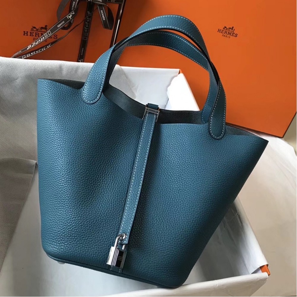 Hermes Picotin Lock 18 Bag In Blue Jean Clemence Leather LDBS243037