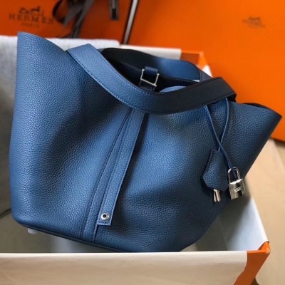 Hermes Picotin Lock 22 Bag In Blue Agate Clemence Leather LDBS243055